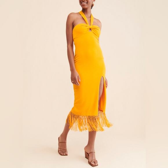 SAYLOR Dresses & Skirts - Saylor Women’s Jynx Fringe Halter Neck Mango Yellow Knit Midi Dress Sz S